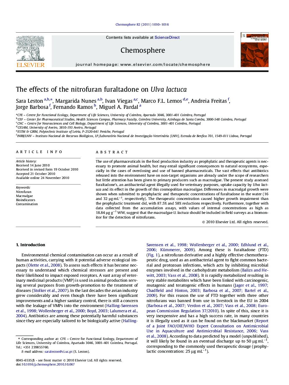 The effects of the nitrofuran furaltadone on Ulva lactuca