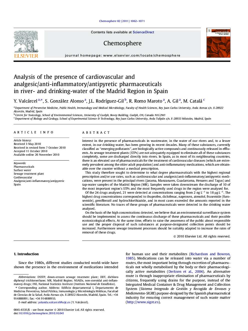 Analysis of the presence of cardiovascular and analgesic/anti-inflammatory/antipyretic pharmaceuticals in river- and drinking-water of the Madrid Region in Spain