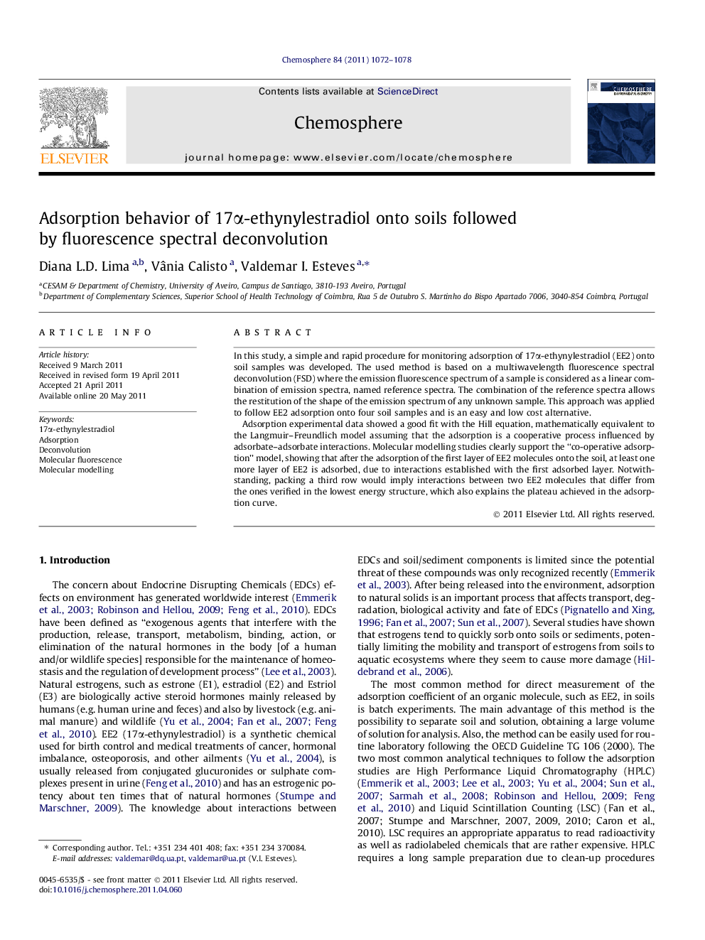 Adsorption behavior of 17α-ethynylestradiol onto soils followed by fluorescence spectral deconvolution