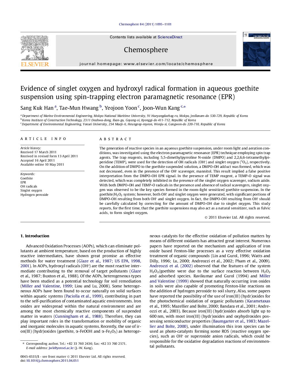 Evidence of singlet oxygen and hydroxyl radical formation in aqueous goethite suspension using spin-trapping electron paramagnetic resonance (EPR)