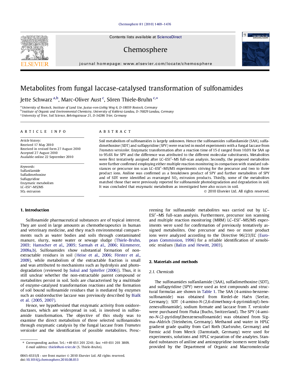 Metabolites from fungal laccase-catalysed transformation of sulfonamides