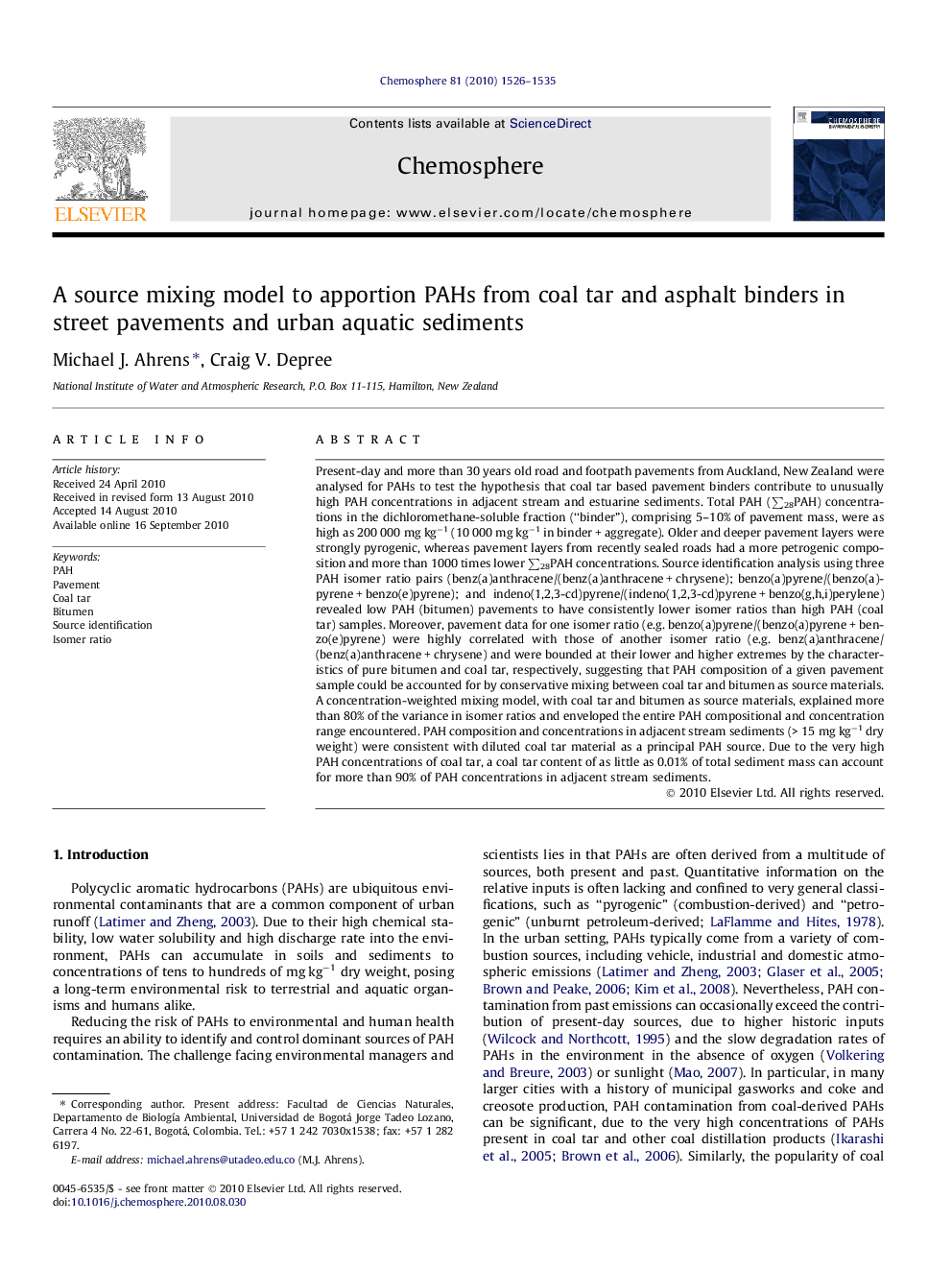 A source mixing model to apportion PAHs from coal tar and asphalt binders in street pavements and urban aquatic sediments