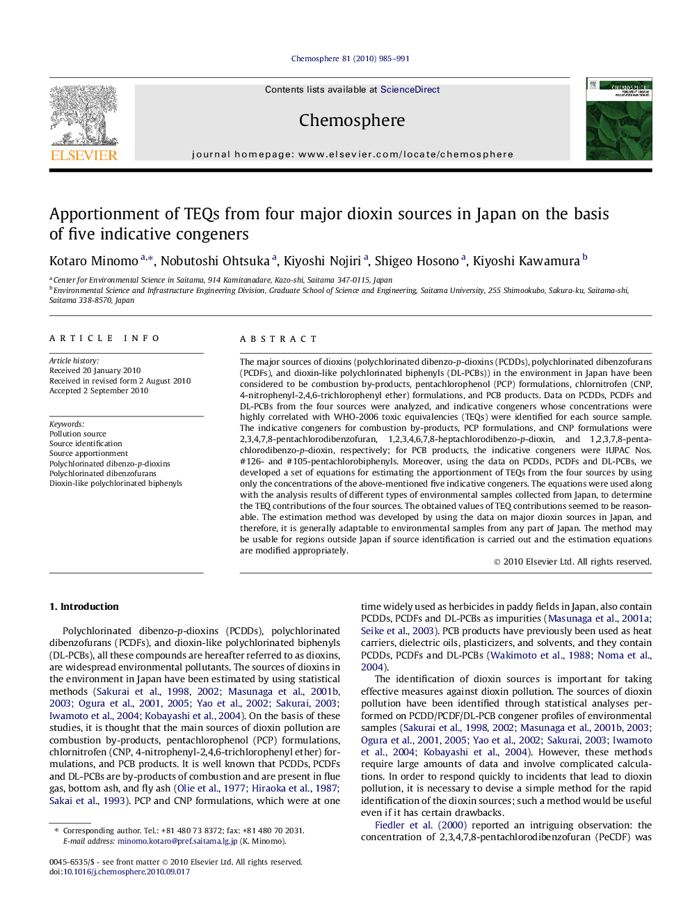 Apportionment of TEQs from four major dioxin sources in Japan on the basis of five indicative congeners