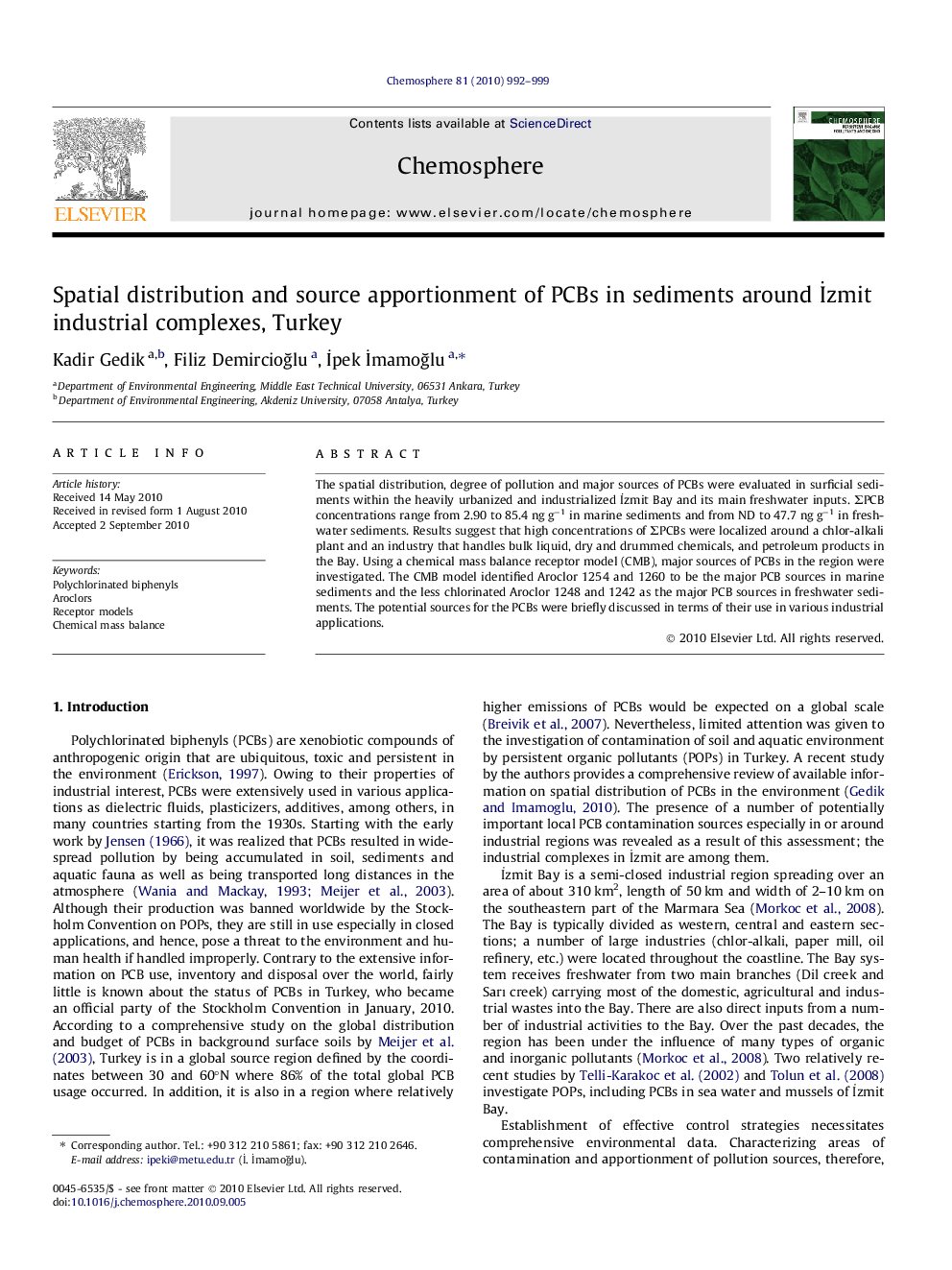 Spatial distribution and source apportionment of PCBs in sediments around İzmit industrial complexes, Turkey