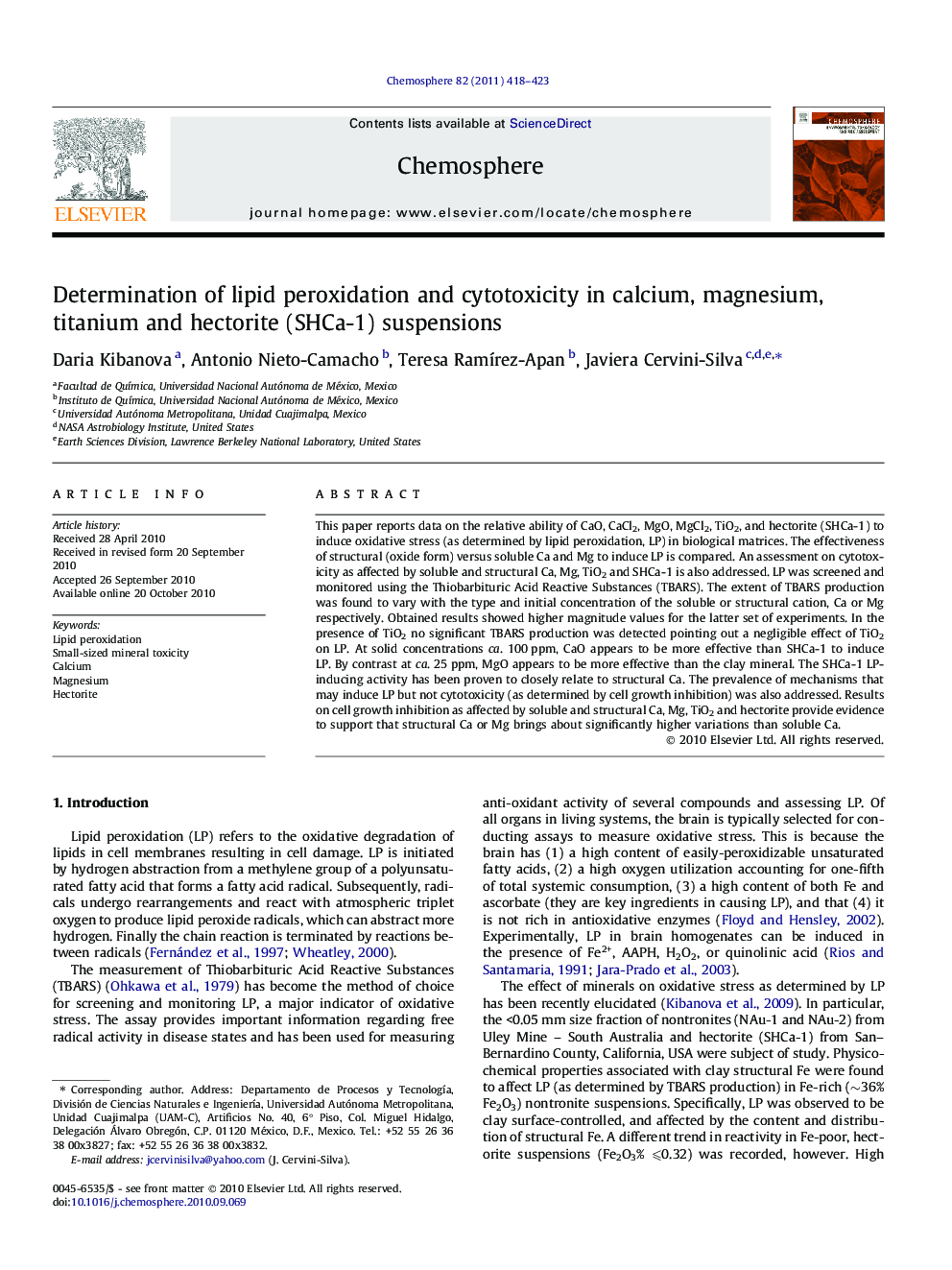 Determination of lipid peroxidation and cytotoxicity in calcium, magnesium, titanium and hectorite (SHCa-1) suspensions