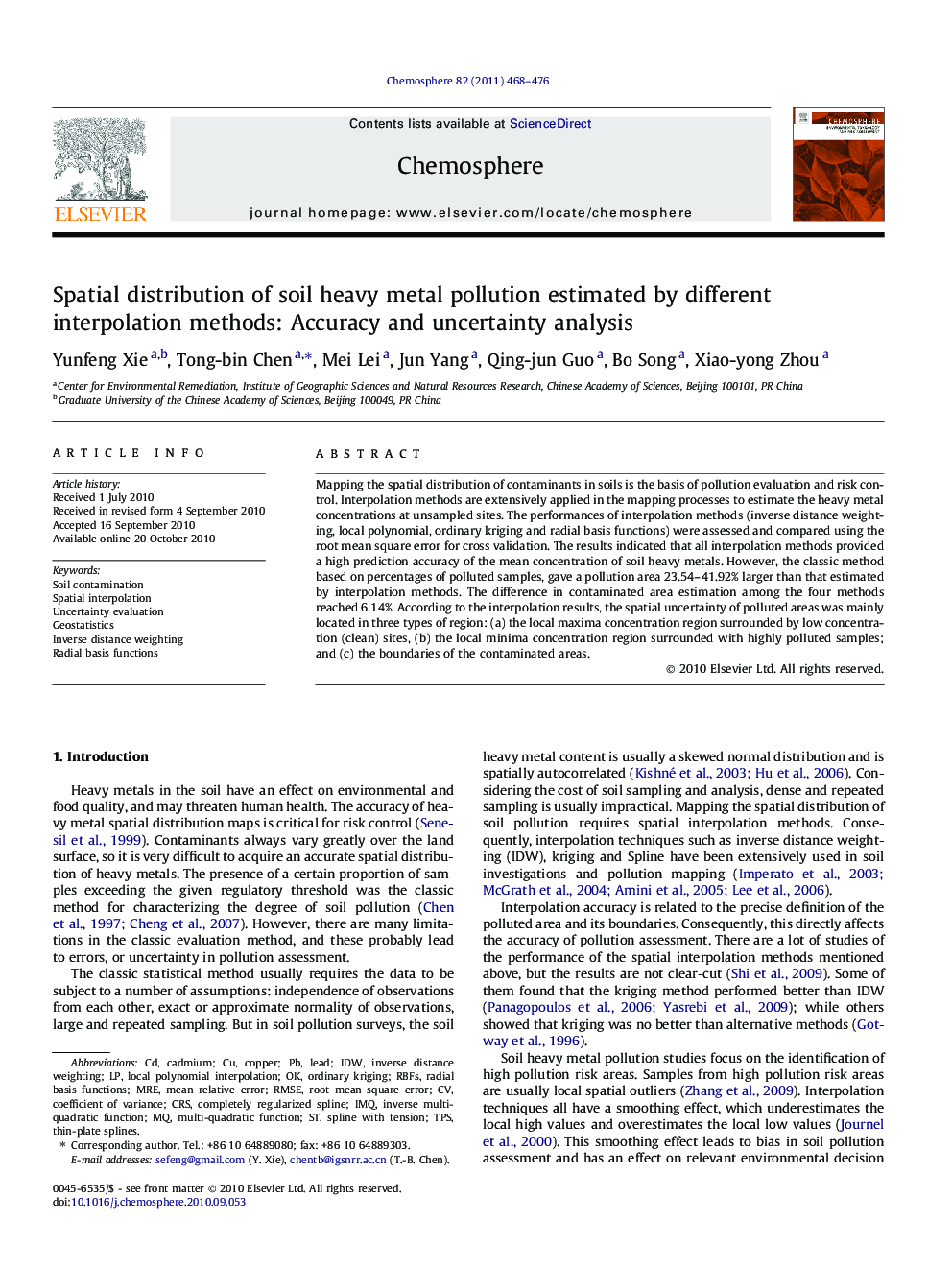 عکس صفحه اول مقاله: Spatial distribution of soil heavy metal pollution estimated by different interpolation methods: Accuracy and uncertainty analysis Spatial distribution of soil heavy metal pollution estimated by different interpolation methods: Accuracy and uncertainty analysis