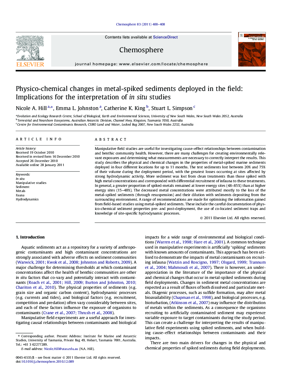 Physico-chemical changes in metal-spiked sediments deployed in the field: Implications for the interpretation of in situ studies