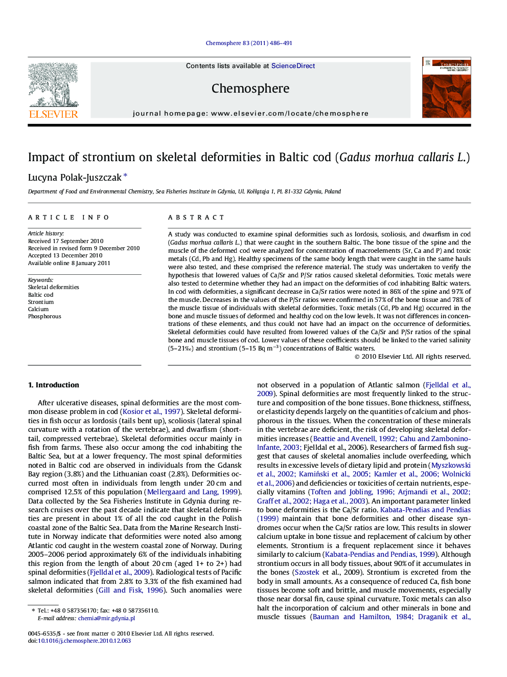 Impact of strontium on skeletal deformities in Baltic cod (Gadus morhua callaris L.)