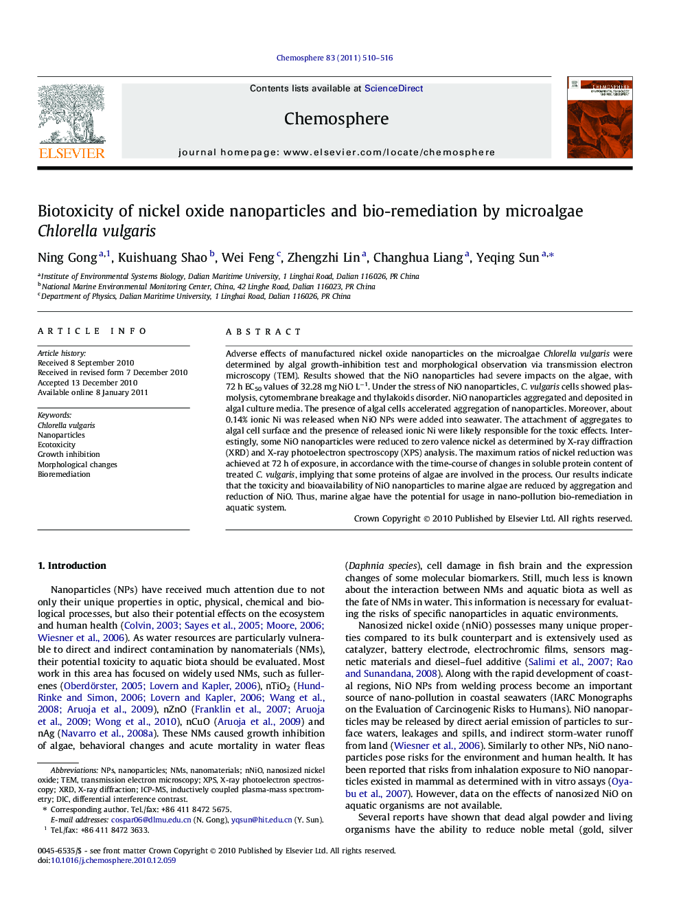 Biotoxicity of nickel oxide nanoparticles and bio-remediation by microalgae Chlorella vulgaris