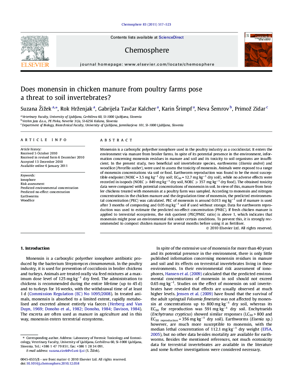 Does monensin in chicken manure from poultry farms pose a threat to soil invertebrates?