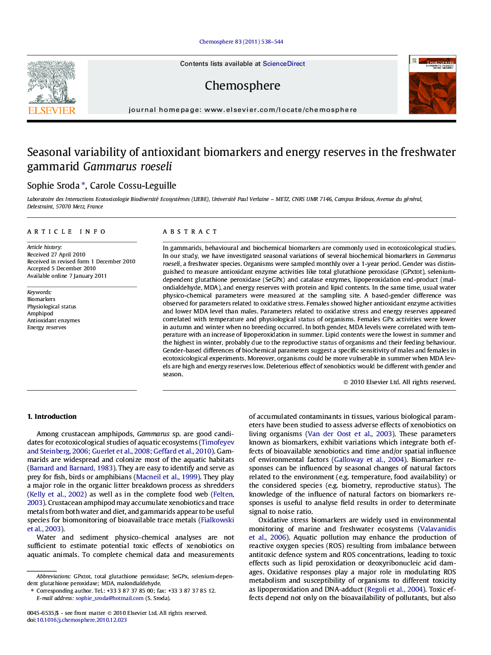 Seasonal variability of antioxidant biomarkers and energy reserves in the freshwater gammarid Gammarus roeseli