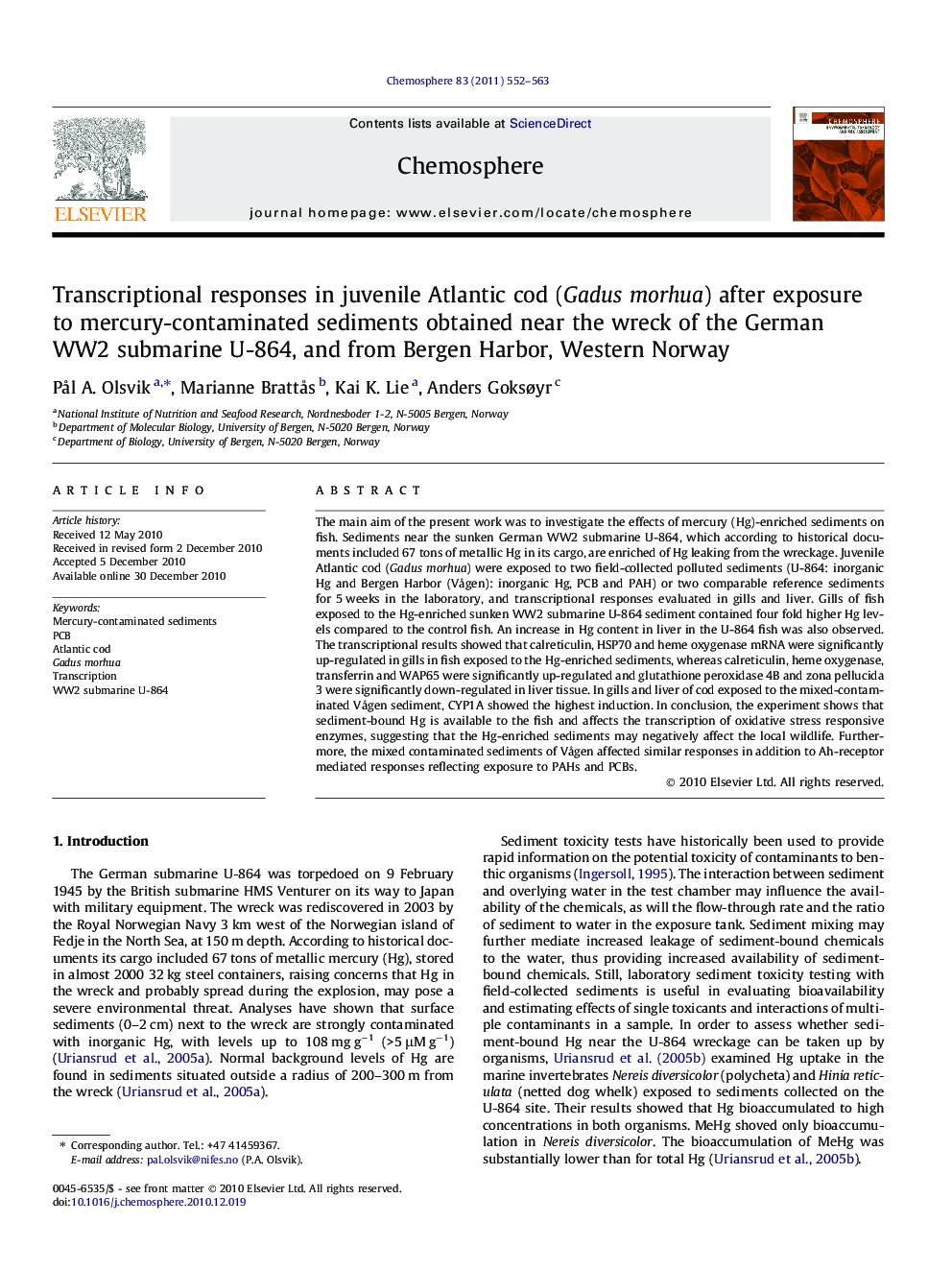 Transcriptional responses in juvenile Atlantic cod (Gadus morhua) after exposure to mercury-contaminated sediments obtained near the wreck of the German WW2 submarine U-864, and from Bergen Harbor, Western Norway