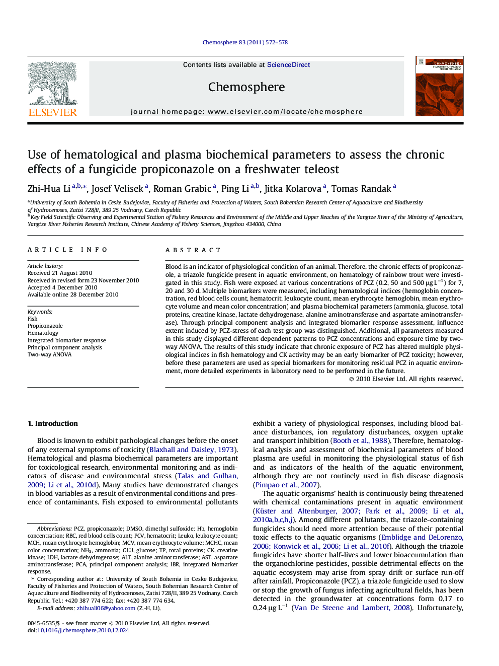 Use of hematological and plasma biochemical parameters to assess the chronic effects of a fungicide propiconazole on a freshwater teleost