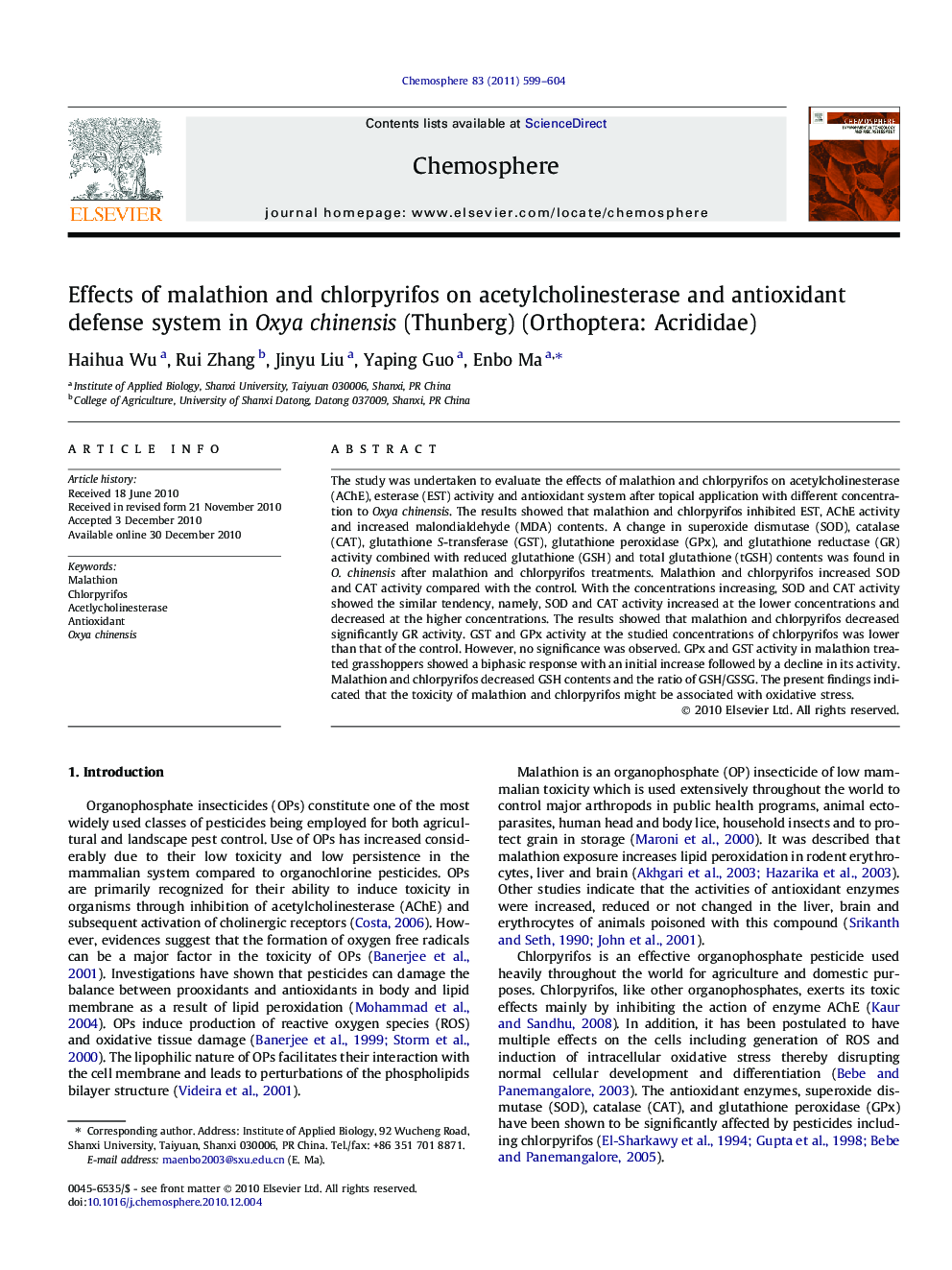 Effects of malathion and chlorpyrifos on acetylcholinesterase and antioxidant defense system in Oxya chinensis (Thunberg) (Orthoptera: Acrididae)
