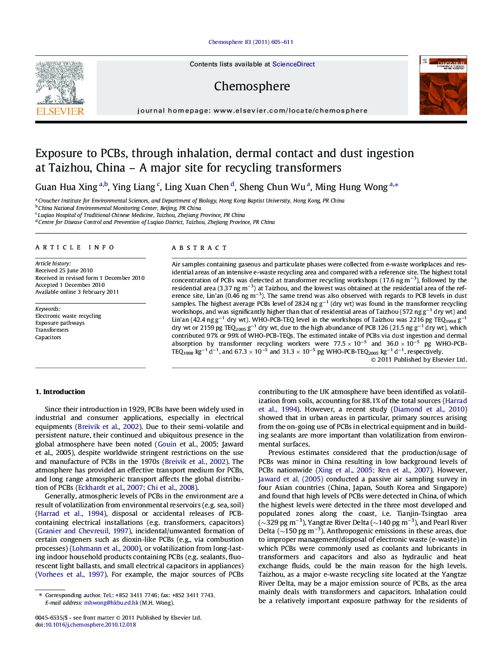 Exposure to PCBs, through inhalation, dermal contact and dust ingestion at Taizhou, China – A major site for recycling transformers