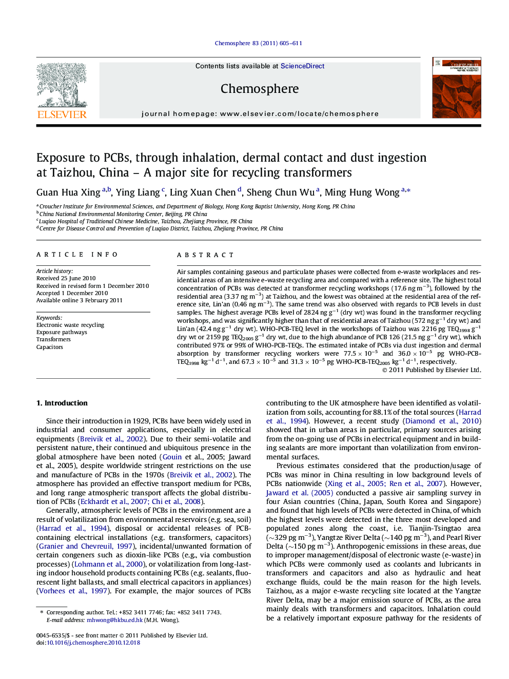 عکس صفحه اول مقاله: Exposure to PCBs, through inhalation, dermal contact and dust ingestion at Taizhou, China – A major site for recycling transformers Exposure to PCBs, through inhalation, dermal contact and dust ingestion at Taizhou, China – A major site for recycling transformers