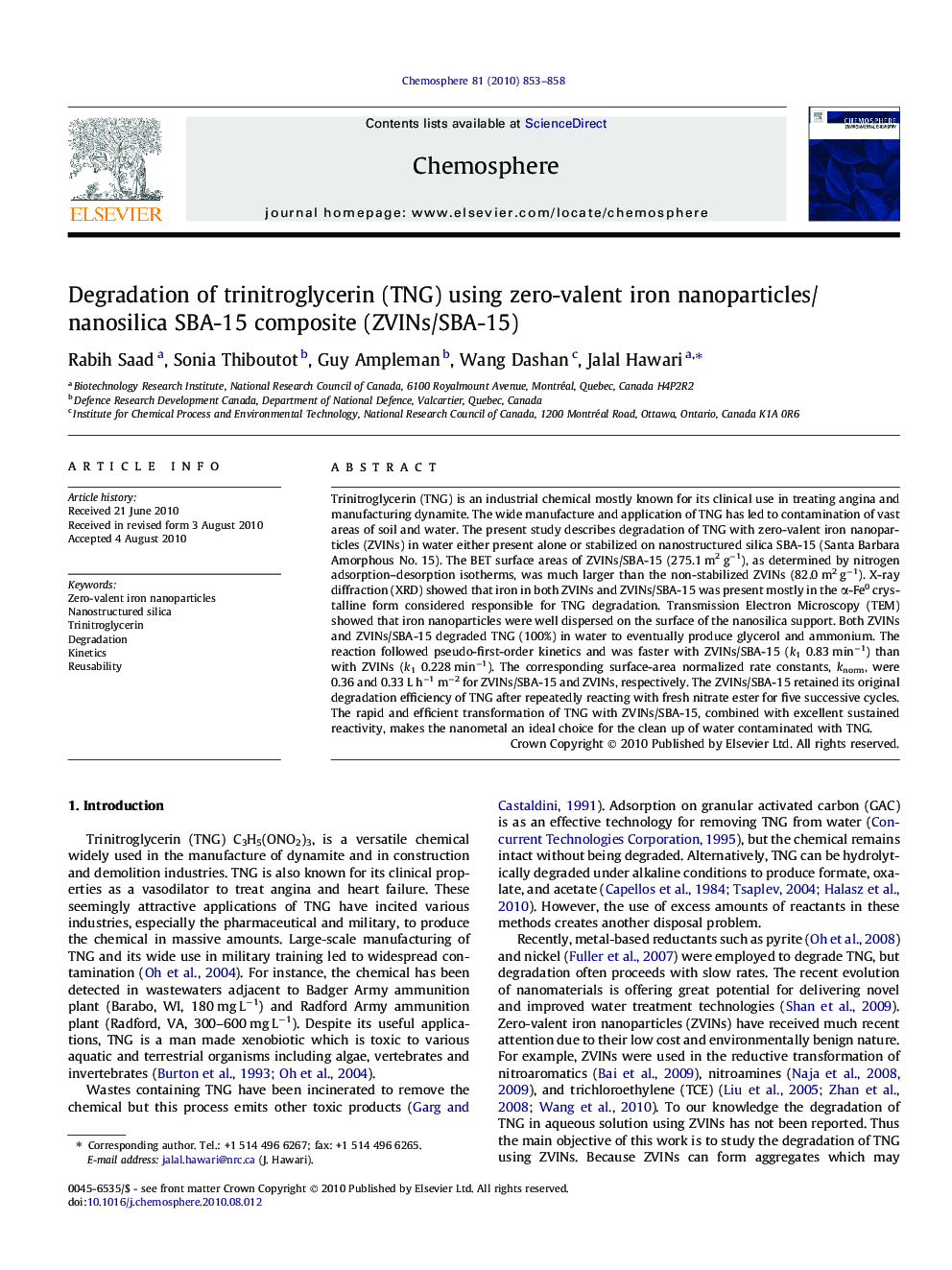 Degradation of trinitroglycerin (TNG) using zero-valent iron nanoparticles/nanosilica SBA-15 composite (ZVINs/SBA-15)