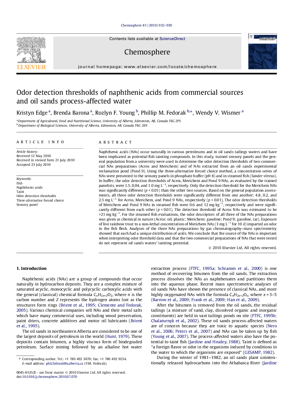 Odor detection thresholds of naphthenic acids from commercial sources and oil sands process-affected water