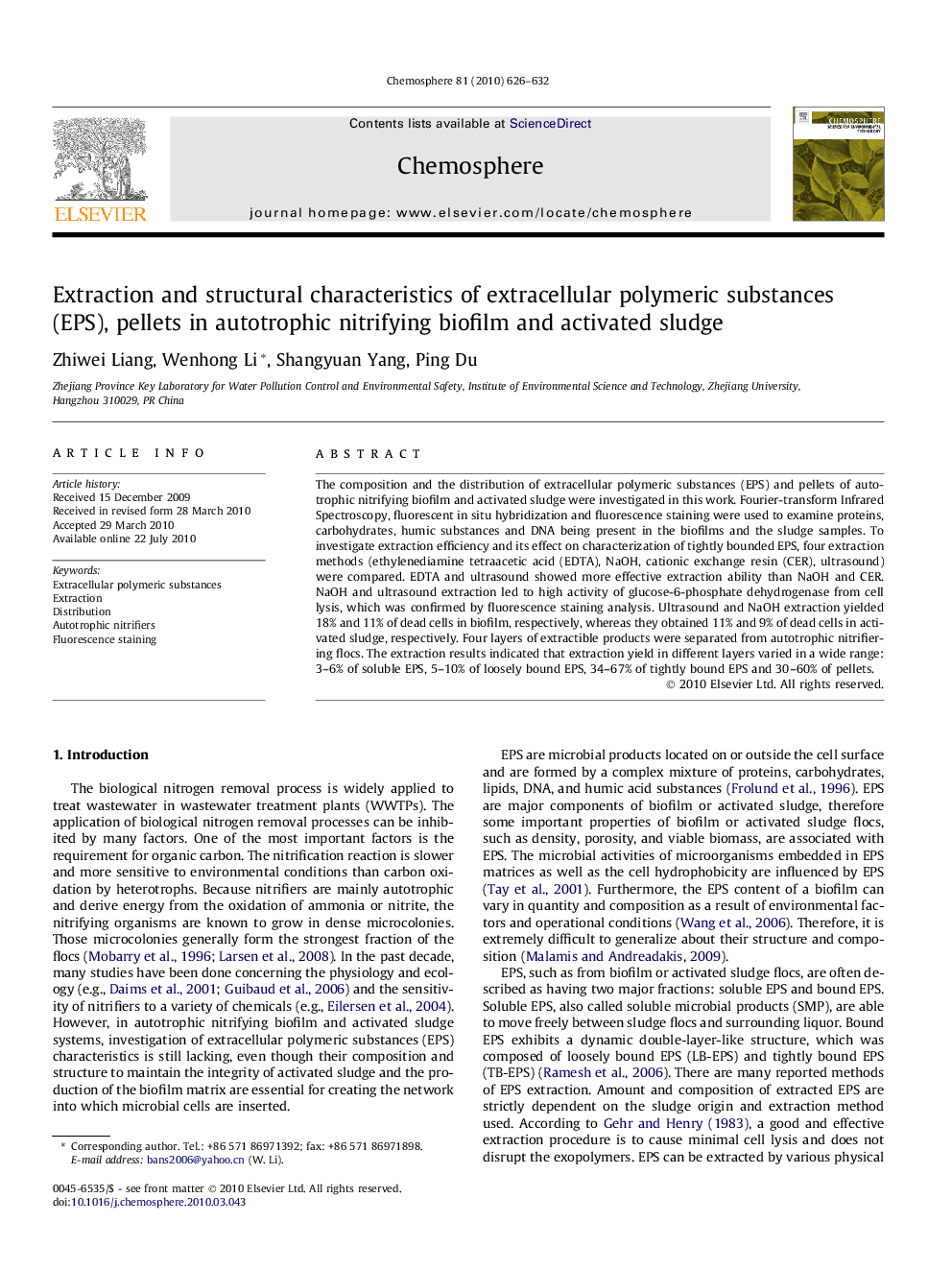 Extraction and structural characteristics of extracellular polymeric substances (EPS), pellets in autotrophic nitrifying biofilm and activated sludge