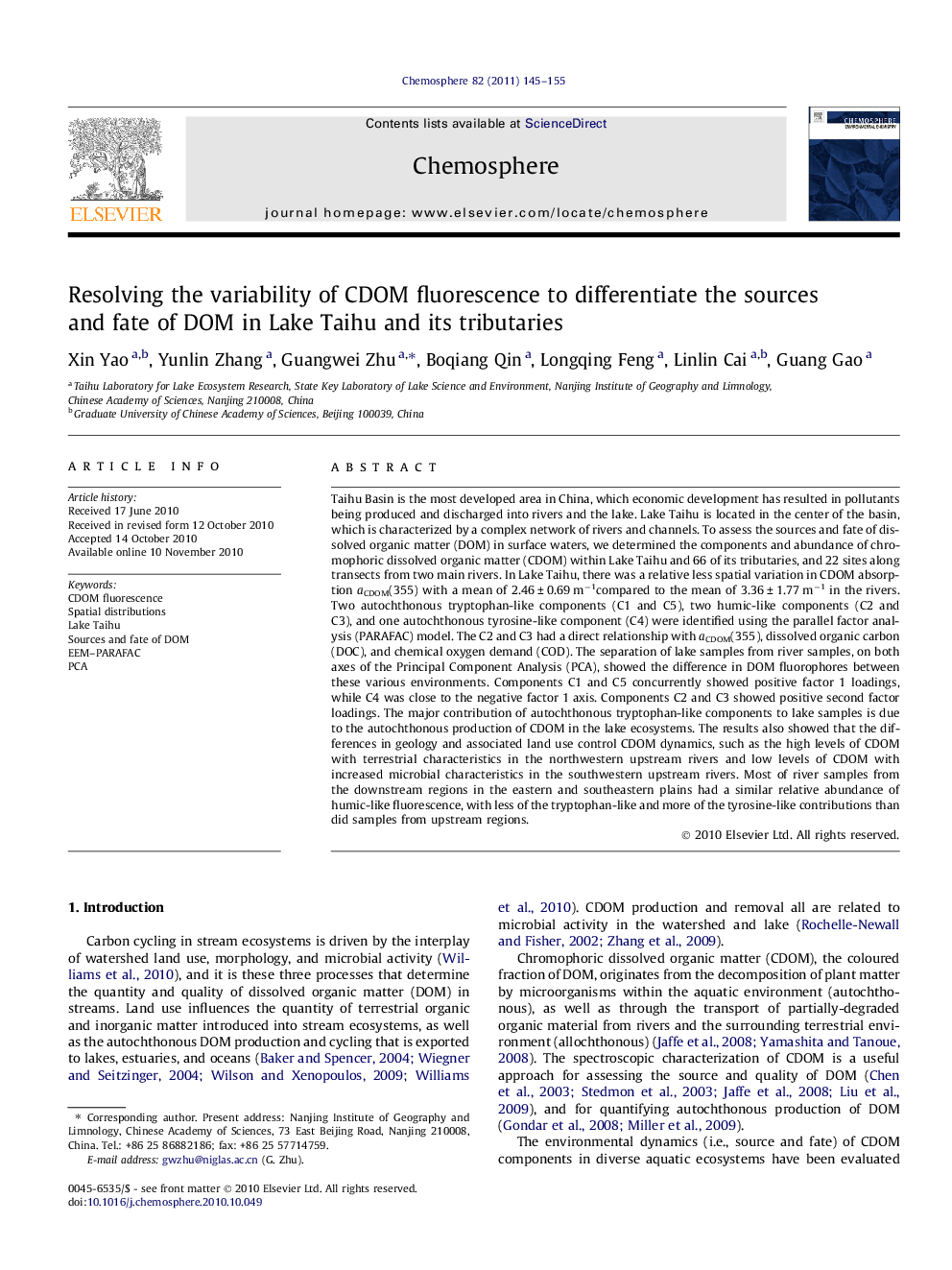 Resolving the variability of CDOM fluorescence to differentiate the sources and fate of DOM in Lake Taihu and its tributaries