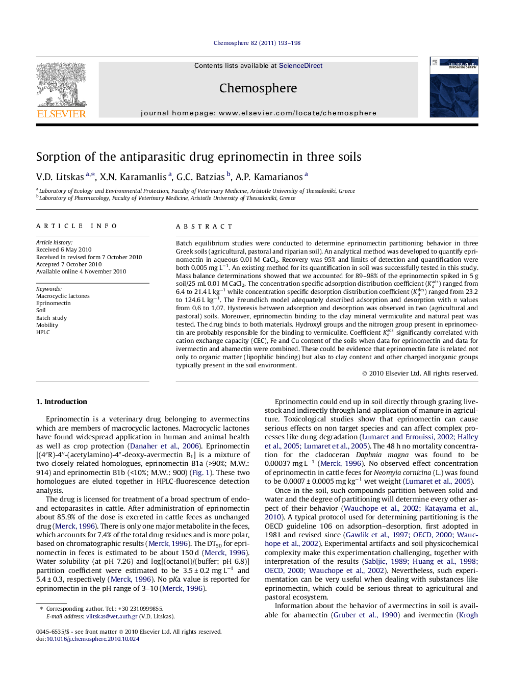 Sorption of the antiparasitic drug eprinomectin in three soils