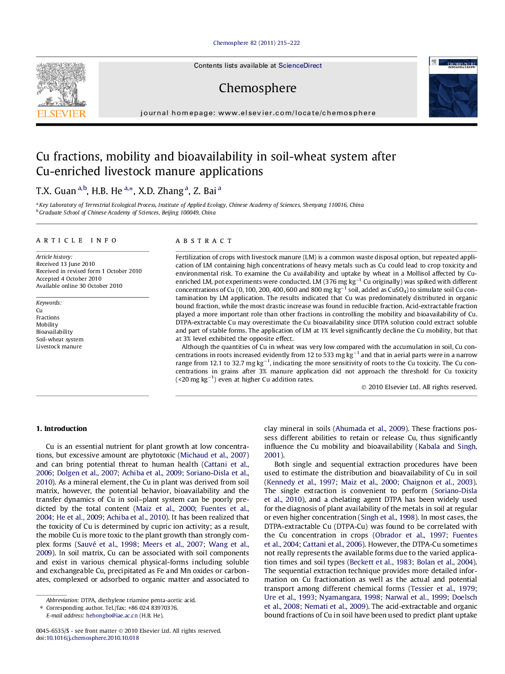 Cu fractions, mobility and bioavailability in soil-wheat system after Cu-enriched livestock manure applications