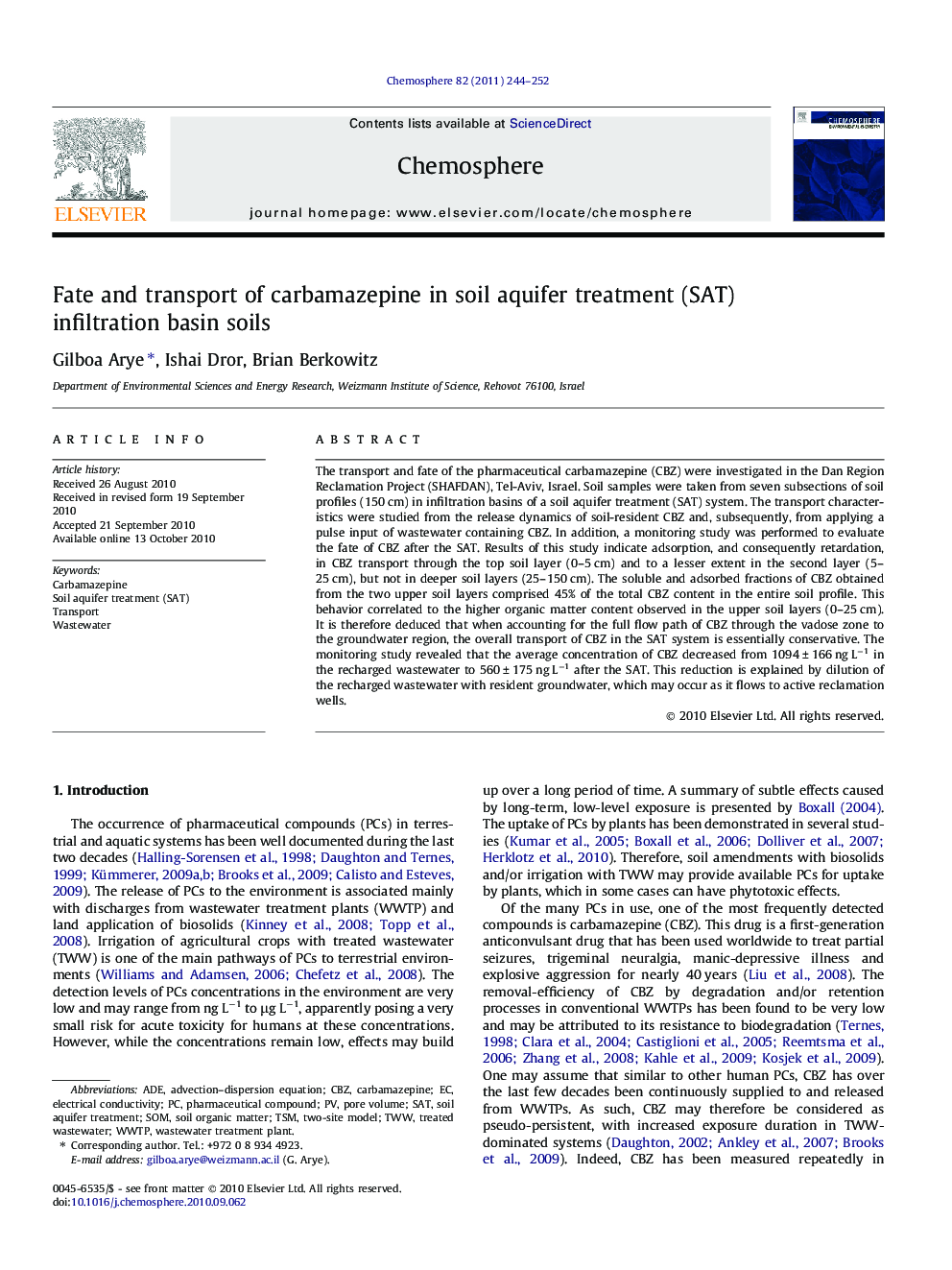 Fate and transport of carbamazepine in soil aquifer treatment (SAT) infiltration basin soils