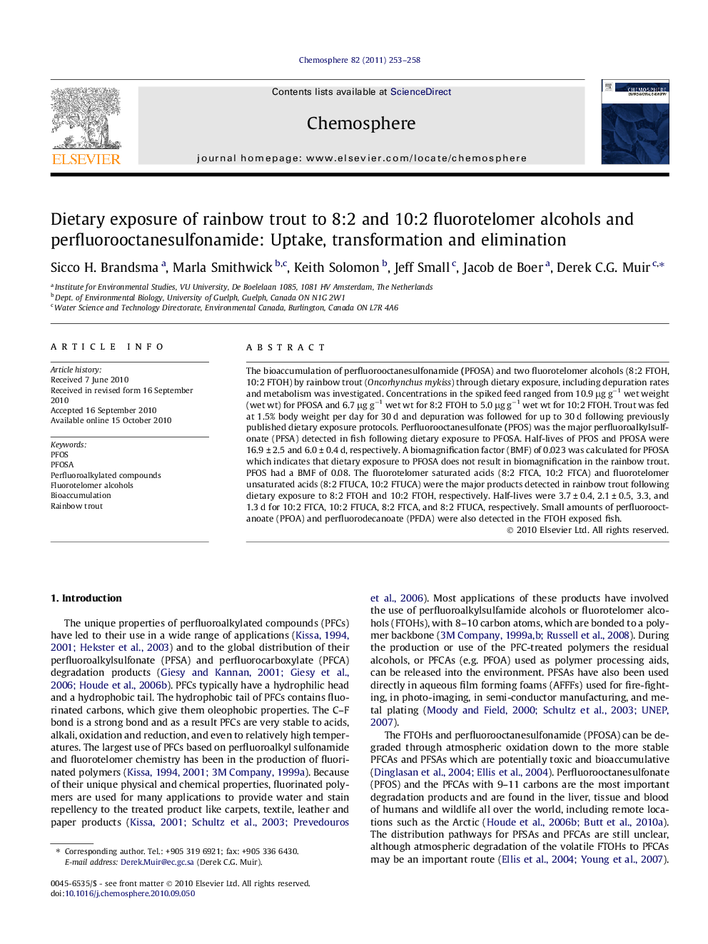 Dietary exposure of rainbow trout to 8:2 and 10:2 fluorotelomer alcohols and perfluorooctanesulfonamide: Uptake, transformation and elimination