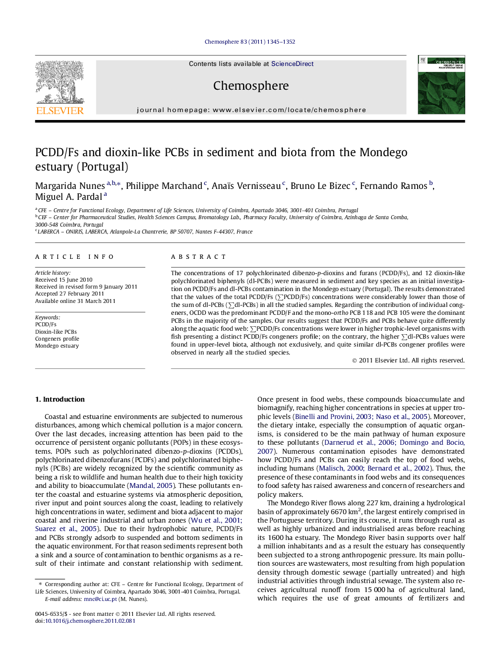 PCDD/Fs and dioxin-like PCBs in sediment and biota from the Mondego estuary (Portugal)