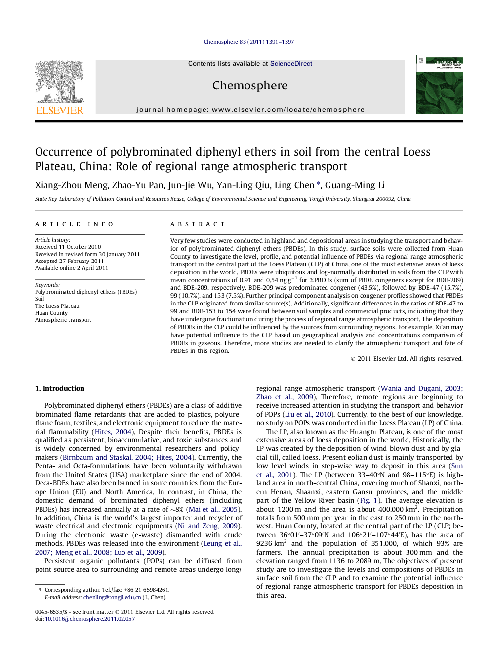 Occurrence of polybrominated diphenyl ethers in soil from the central Loess Plateau, China: Role of regional range atmospheric transport