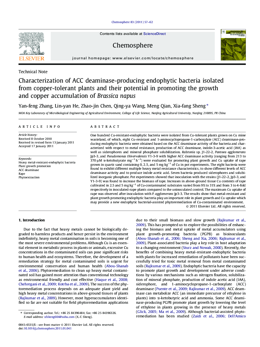عکس صفحه اول مقاله: Characterization of ACC deaminase-producing endophytic bacteria isolated from copper-tolerant plants and their potential in promoting the growth and copper accumulation of Brassica napus Characterization of ACC deaminase-producing endophytic bacteria isolated from copper-tolerant plants and their potential in promoting the growth and copper accumulation of Brassica napus