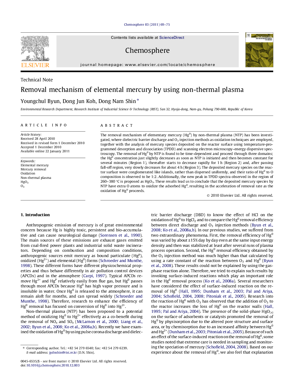 Removal mechanism of elemental mercury by using non-thermal plasma