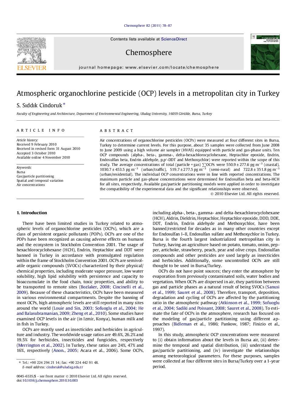 Atmospheric organochlorine pesticide (OCP) levels in a metropolitan city in Turkey