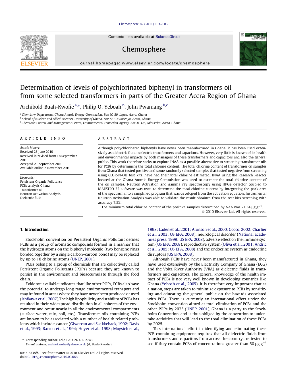 Determination of levels of polychlorinated biphenyl in transformers oil from some selected transformers in parts of the Greater Accra Region of Ghana