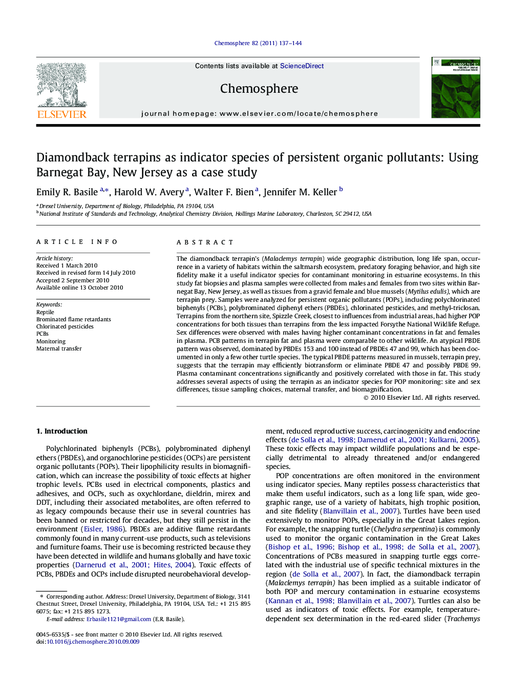 Diamondback terrapins as indicator species of persistent organic pollutants: Using Barnegat Bay, New Jersey as a case study
