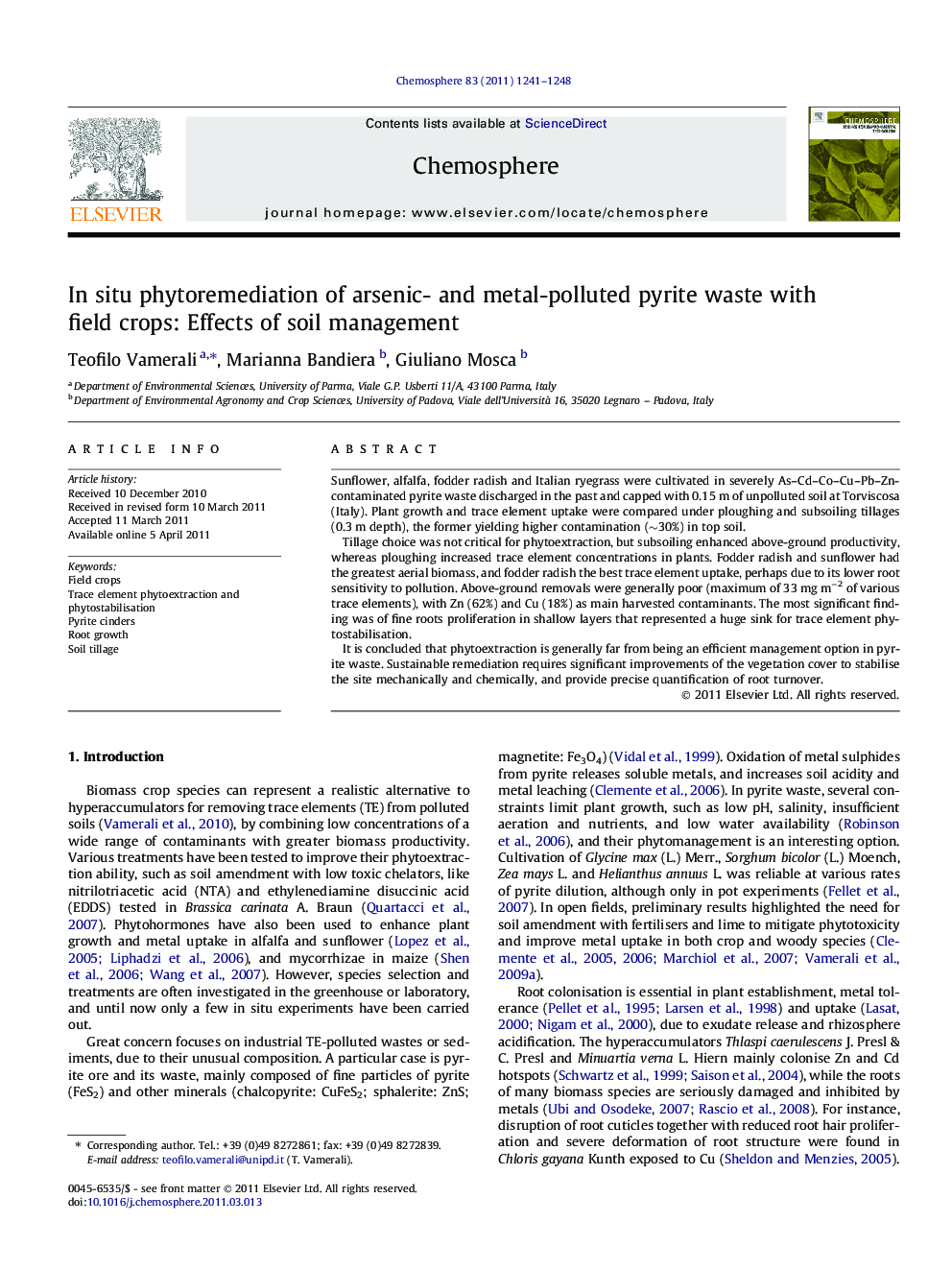 In situ phytoremediation of arsenic- and metal-polluted pyrite waste with field crops: Effects of soil management