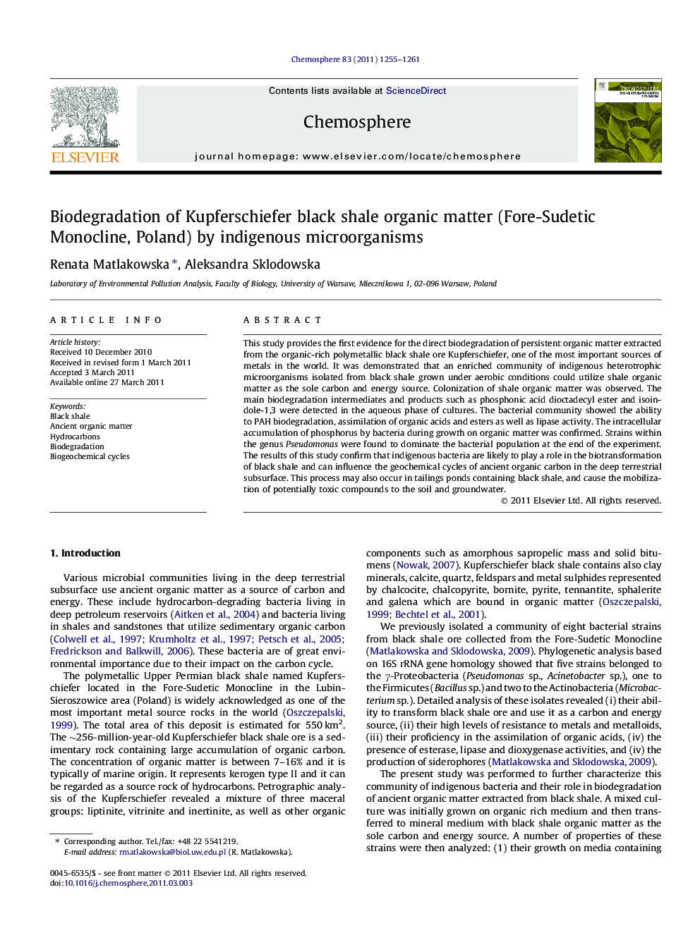 Biodegradation of Kupferschiefer black shale organic matter (Fore-Sudetic Monocline, Poland) by indigenous microorganisms