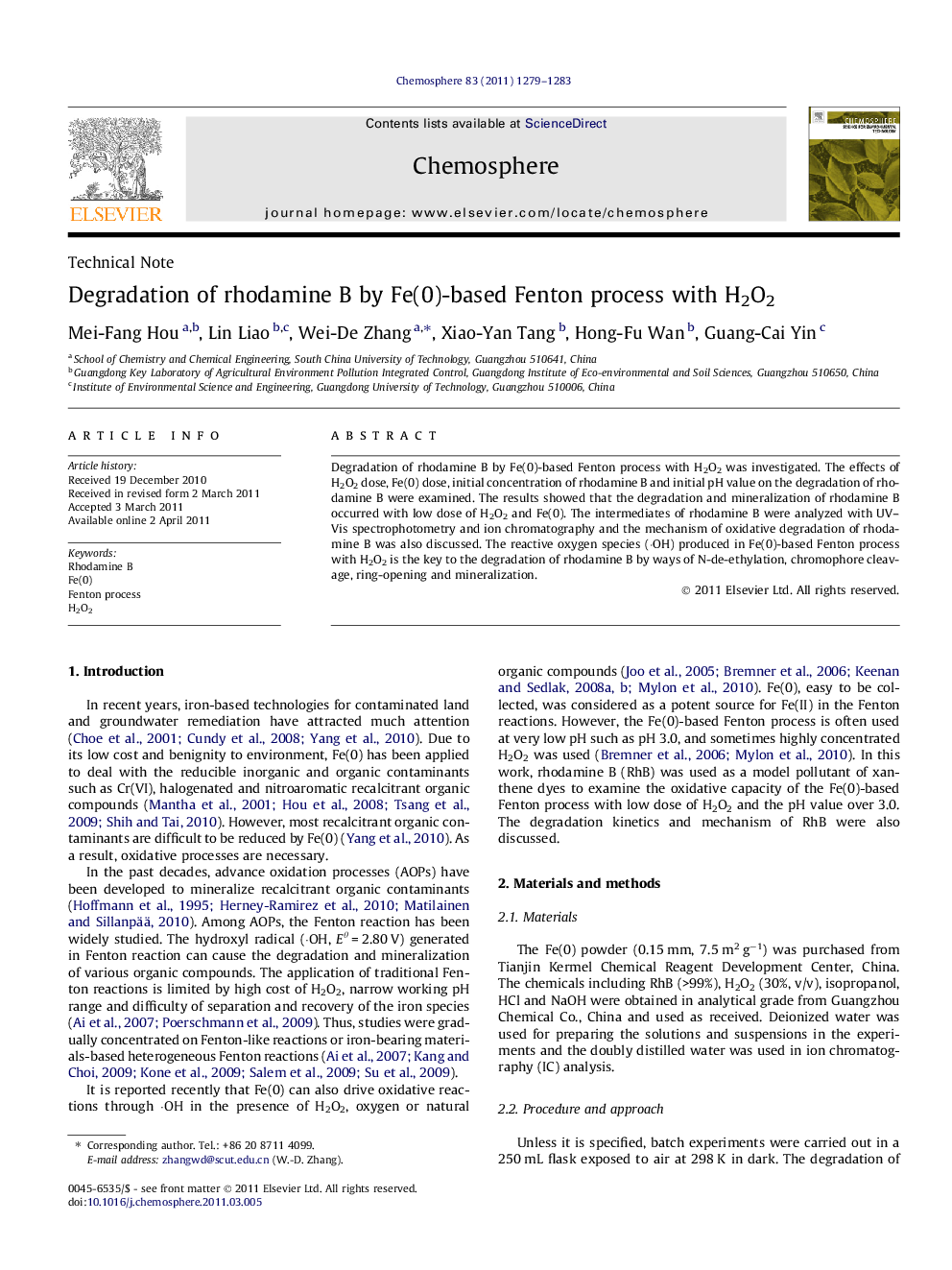 Degradation of rhodamine B by Fe(0)-based Fenton process with H2O2