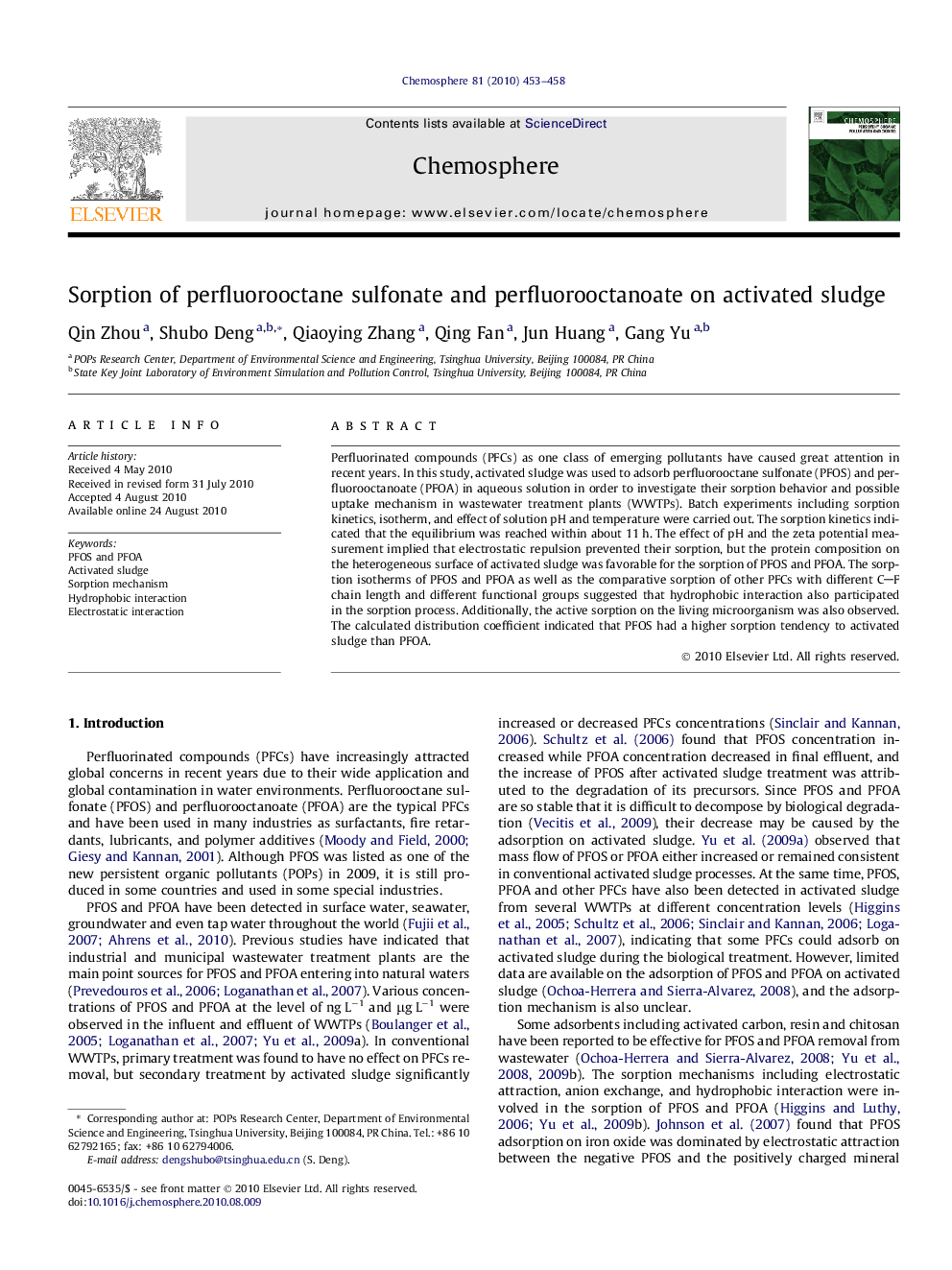 Sorption of perfluorooctane sulfonate and perfluorooctanoate on activated sludge