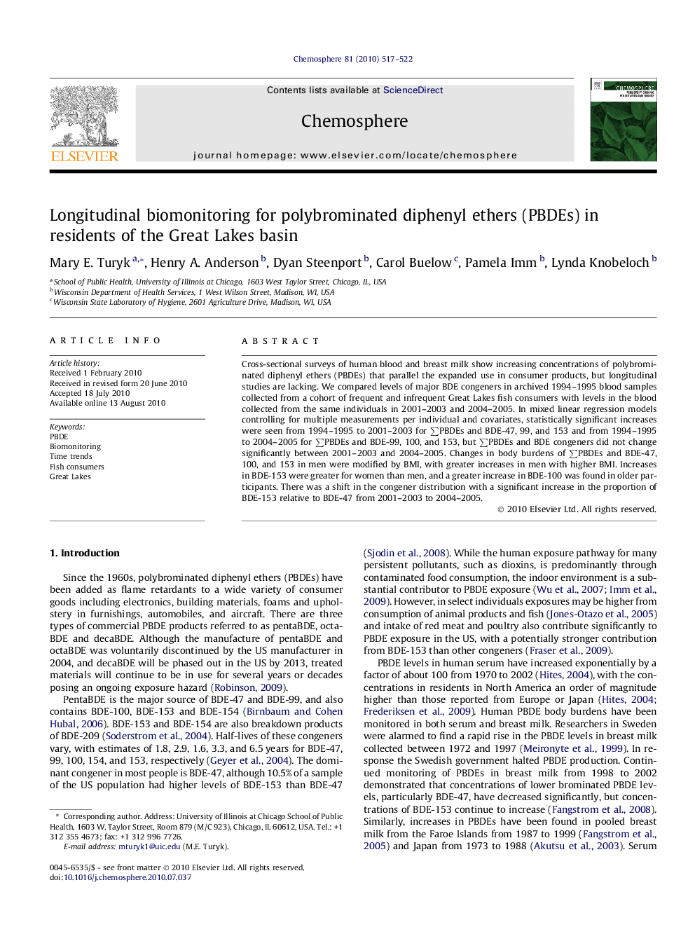 Longitudinal biomonitoring for polybrominated diphenyl ethers (PBDEs) in residents of the Great Lakes basin