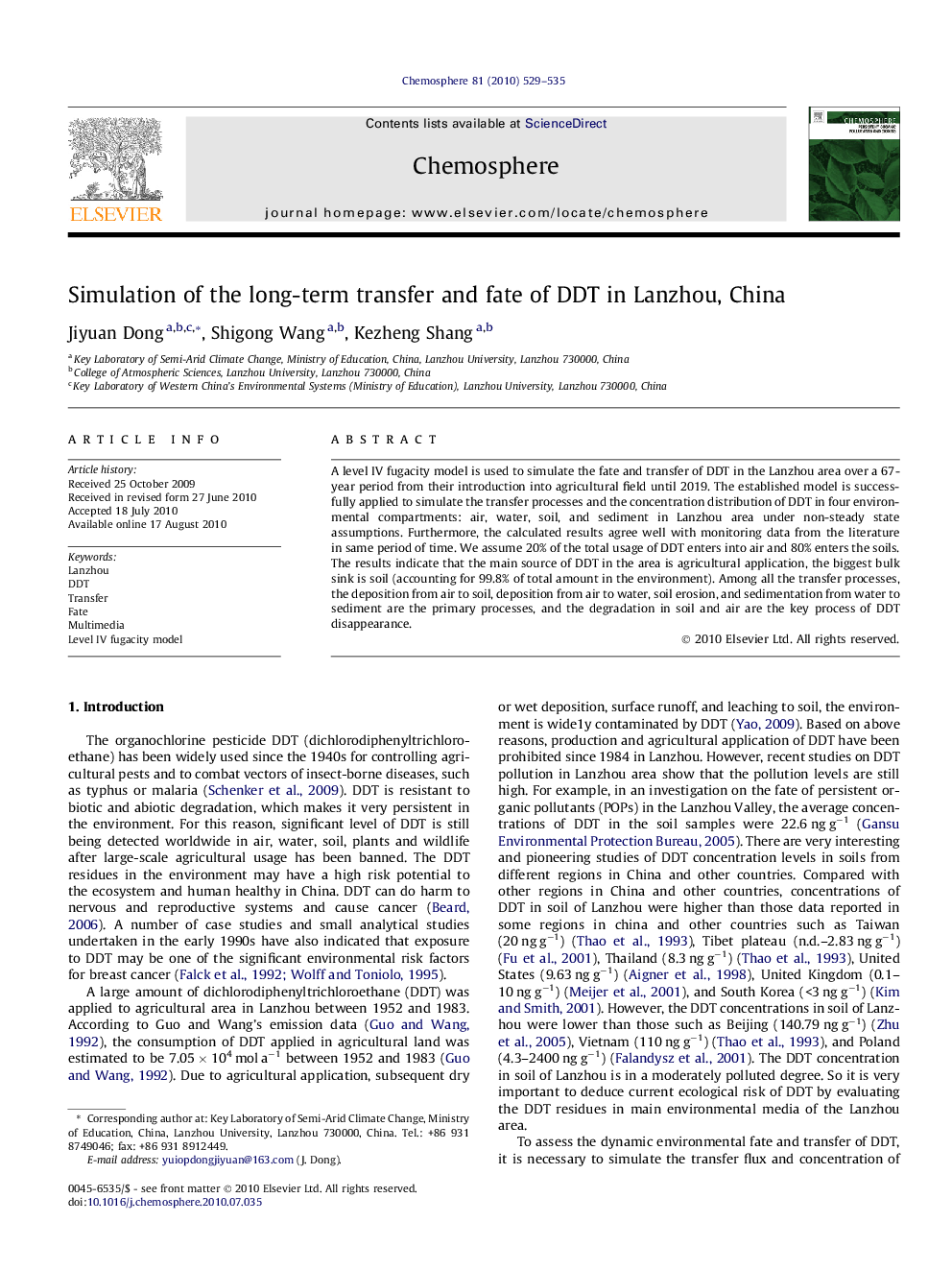 Simulation of the long-term transfer and fate of DDT in Lanzhou, China