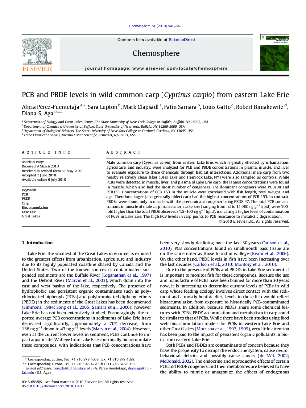 PCB and PBDE levels in wild common carp (Cyprinus carpio) from eastern Lake Erie