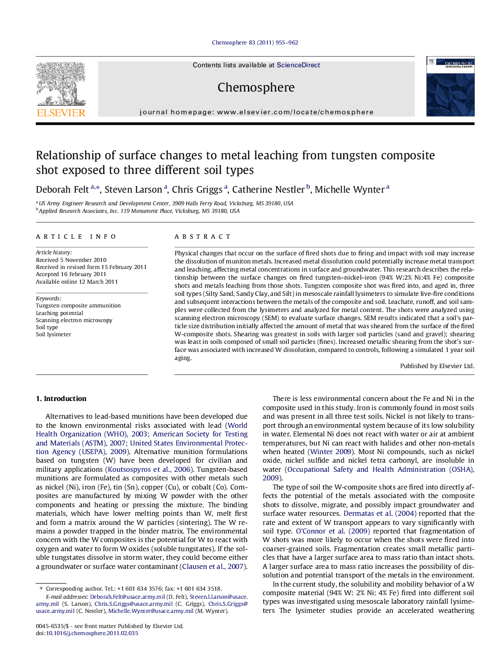 Relationship of surface changes to metal leaching from tungsten composite shot exposed to three different soil types