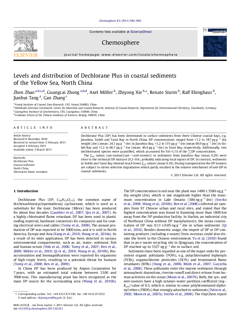 Levels and distribution of Dechlorane Plus in coastal sediments of the Yellow Sea, North China