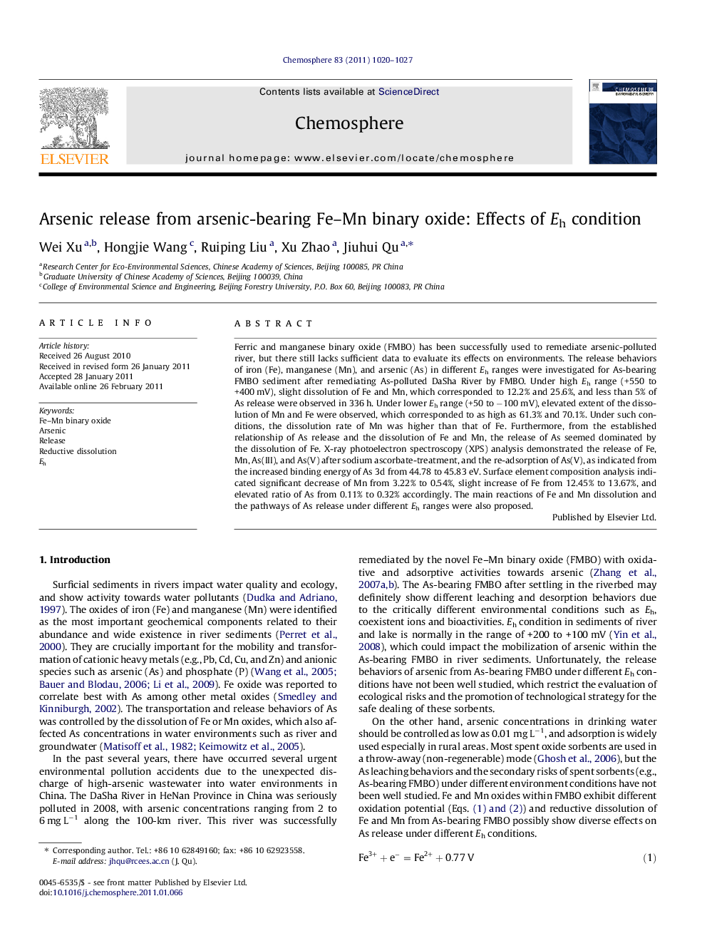 Arsenic release from arsenic-bearing Fe–Mn binary oxide: Effects of Eh condition