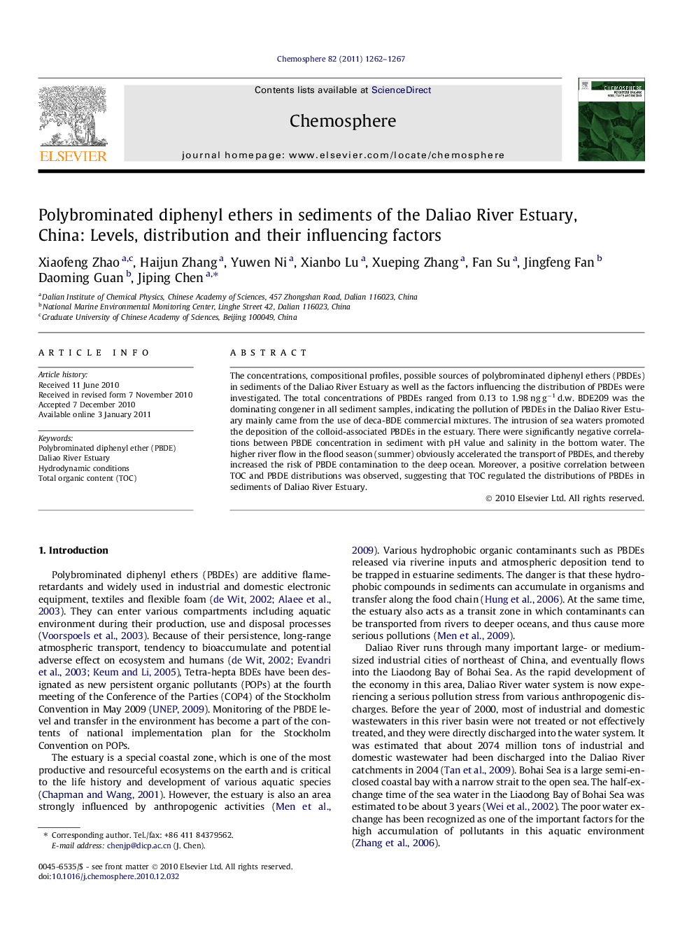 Polybrominated diphenyl ethers in sediments of the Daliao River Estuary, China: Levels, distribution and their influencing factors