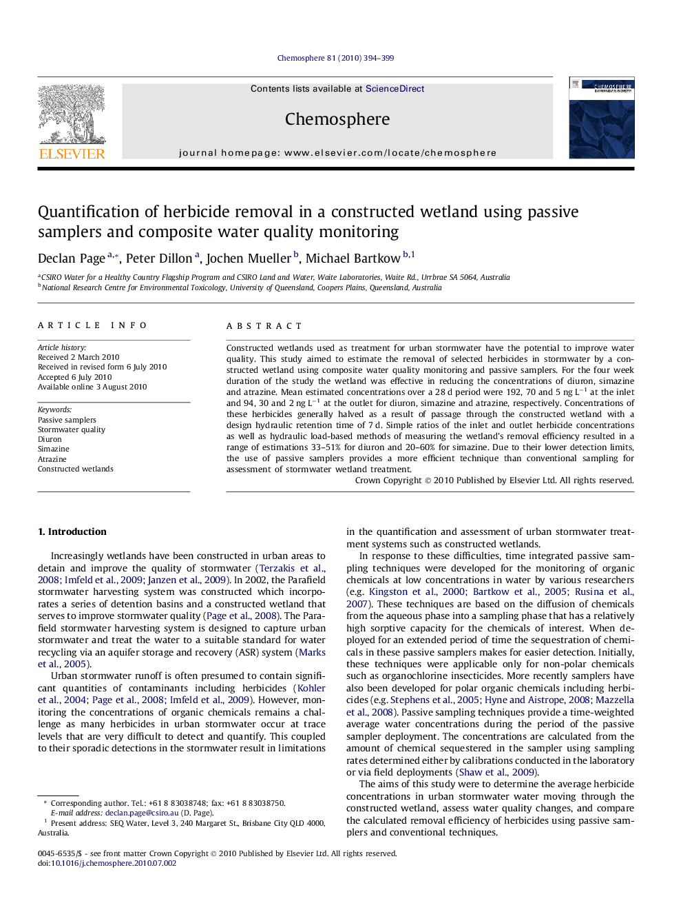 Quantification of herbicide removal in a constructed wetland using passive samplers and composite water quality monitoring