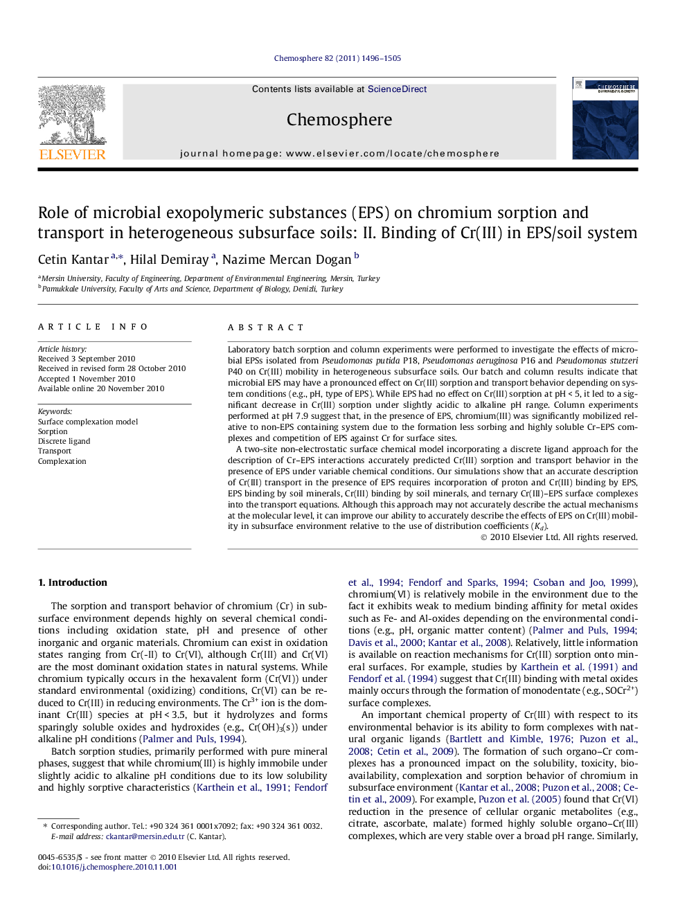 Role of microbial exopolymeric substances (EPS) on chromium sorption and transport in heterogeneous subsurface soils: II. Binding of Cr(III) in EPS/soil system