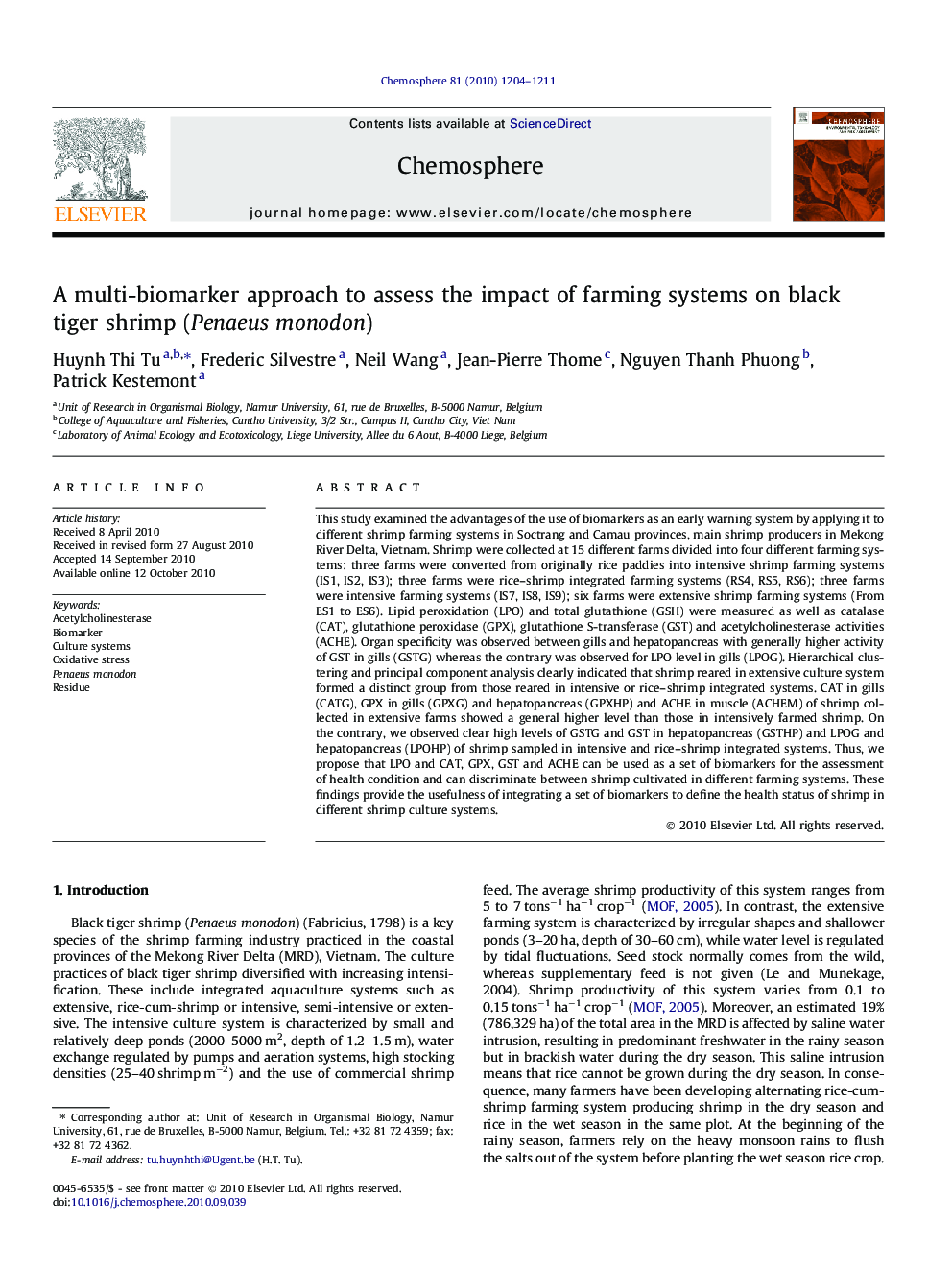 A multi-biomarker approach to assess the impact of farming systems on black tiger shrimp (Penaeus monodon)