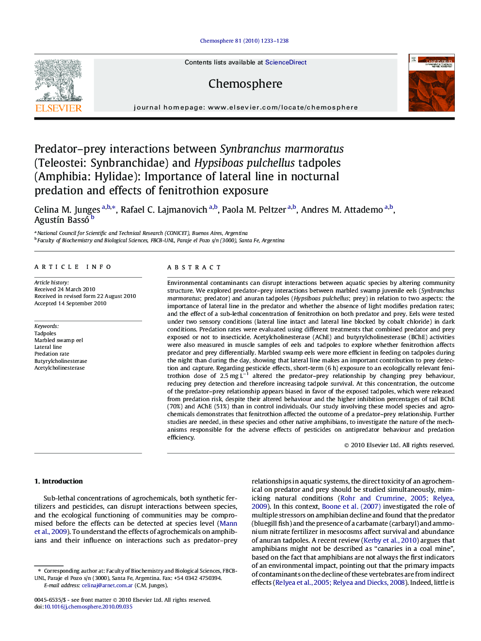 Predator–prey interactions between Synbranchus marmoratus (Teleostei: Synbranchidae) and Hypsiboas pulchellus tadpoles (Amphibia: Hylidae): Importance of lateral line in nocturnal predation and effects of fenitrothion exposure